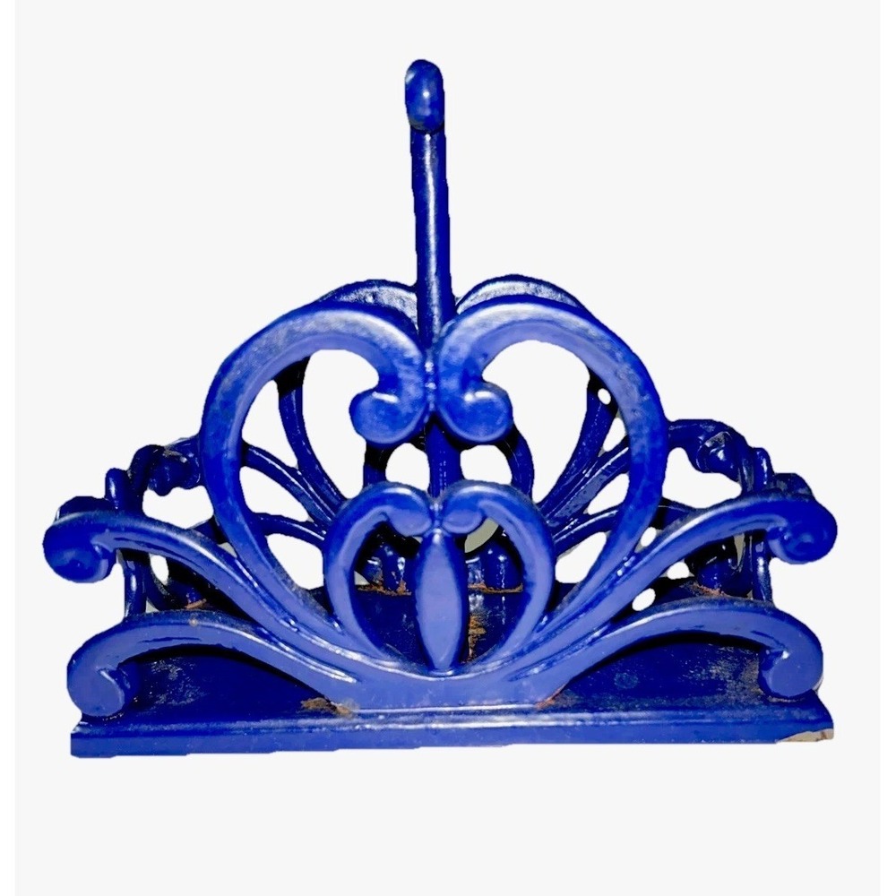 Cast Iron Enamel Napkin S&P Holder Cobalt‎ Blue Scroll Country Farmhouse Cottage